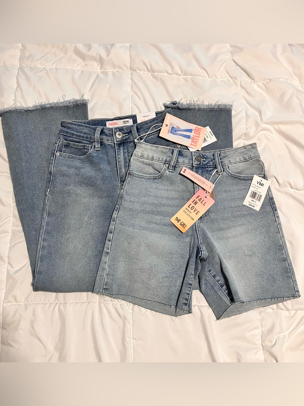 NWT YMI Girl Light Wash Raw Hem Flare Jean & Raw Hem Jean Shorts Size 12